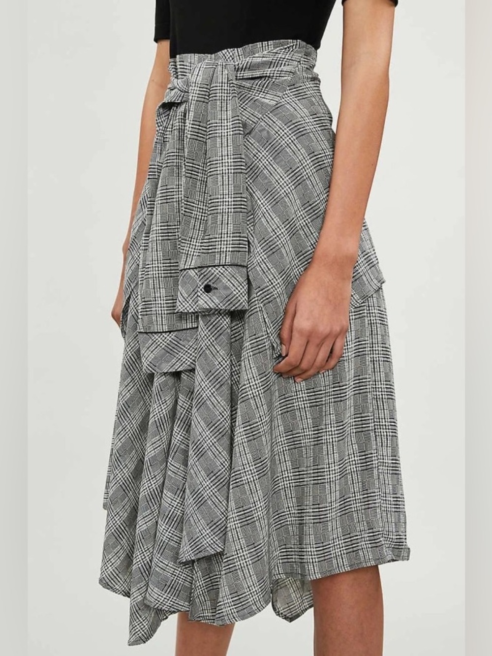 Maje Rapri Color-Blocked Geo Print Midi Dress Plaid Tie-Waist Black Size L (3) - Picture 3 of 16